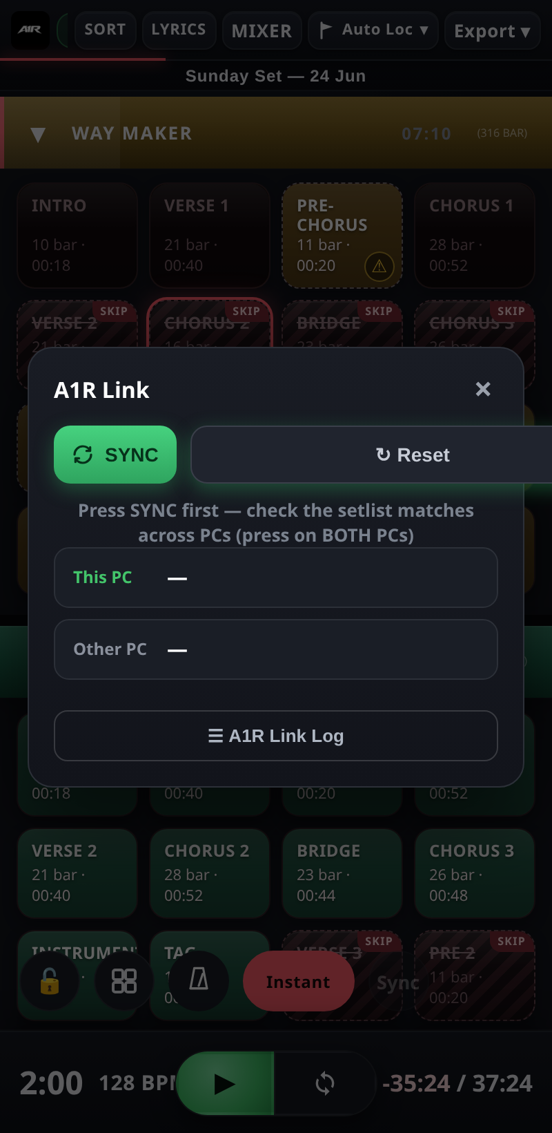 The A1R Link panel — peer status and setlist match check. phone