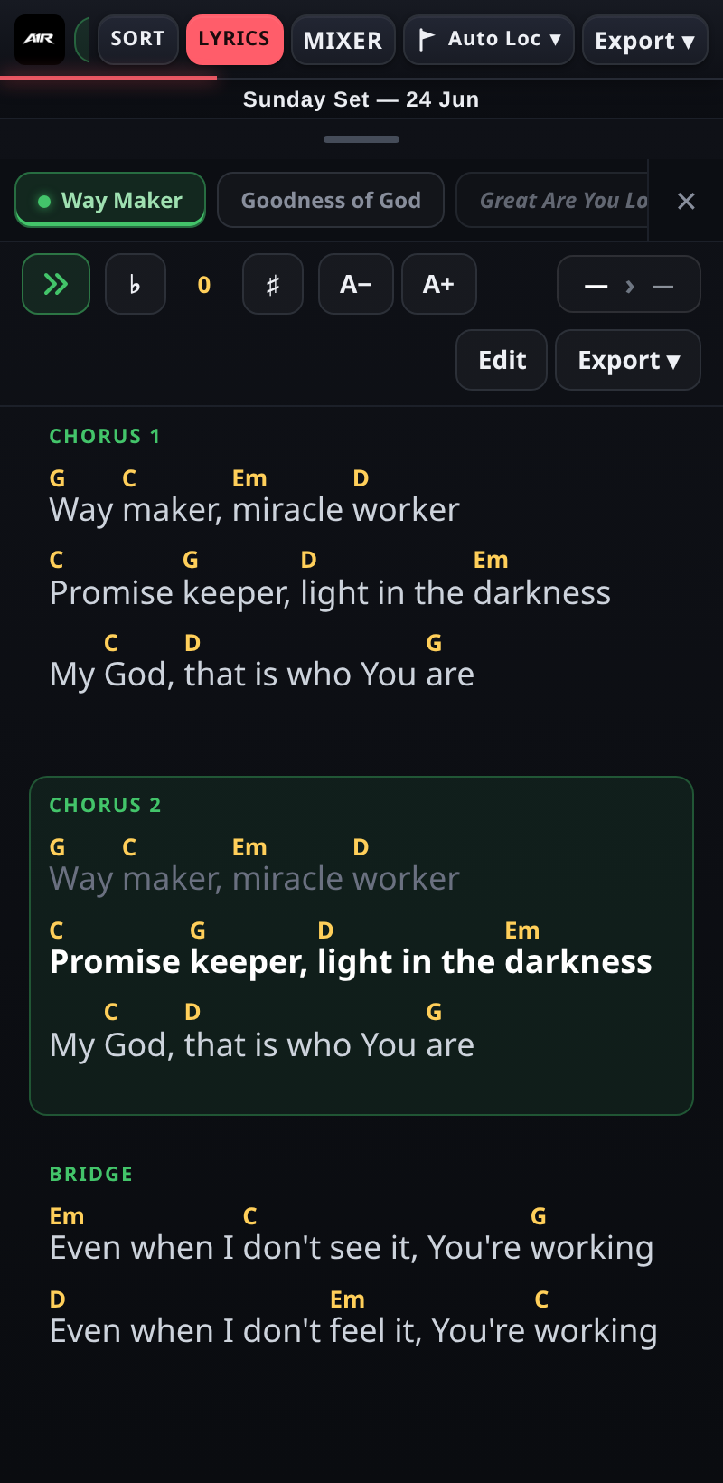 Chords sit above the words; the current section is highlighted. phone