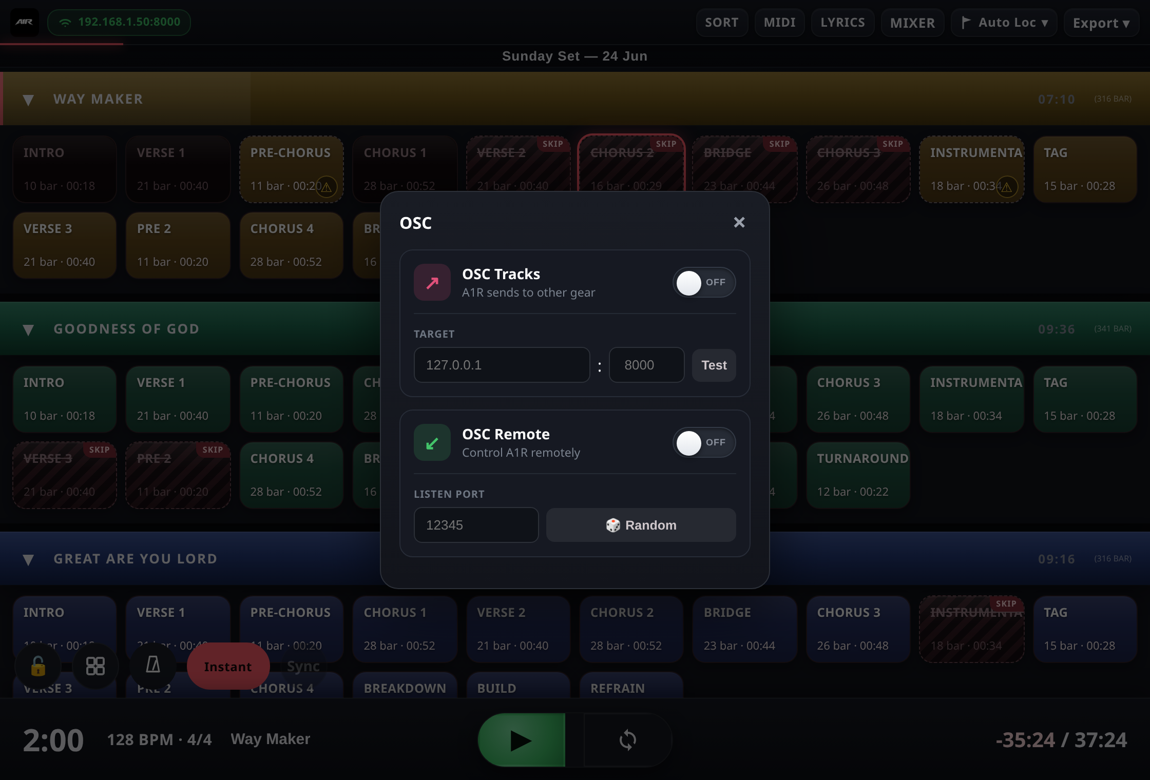 The OSC panel — send to gear (Tracks) and receive remote control.