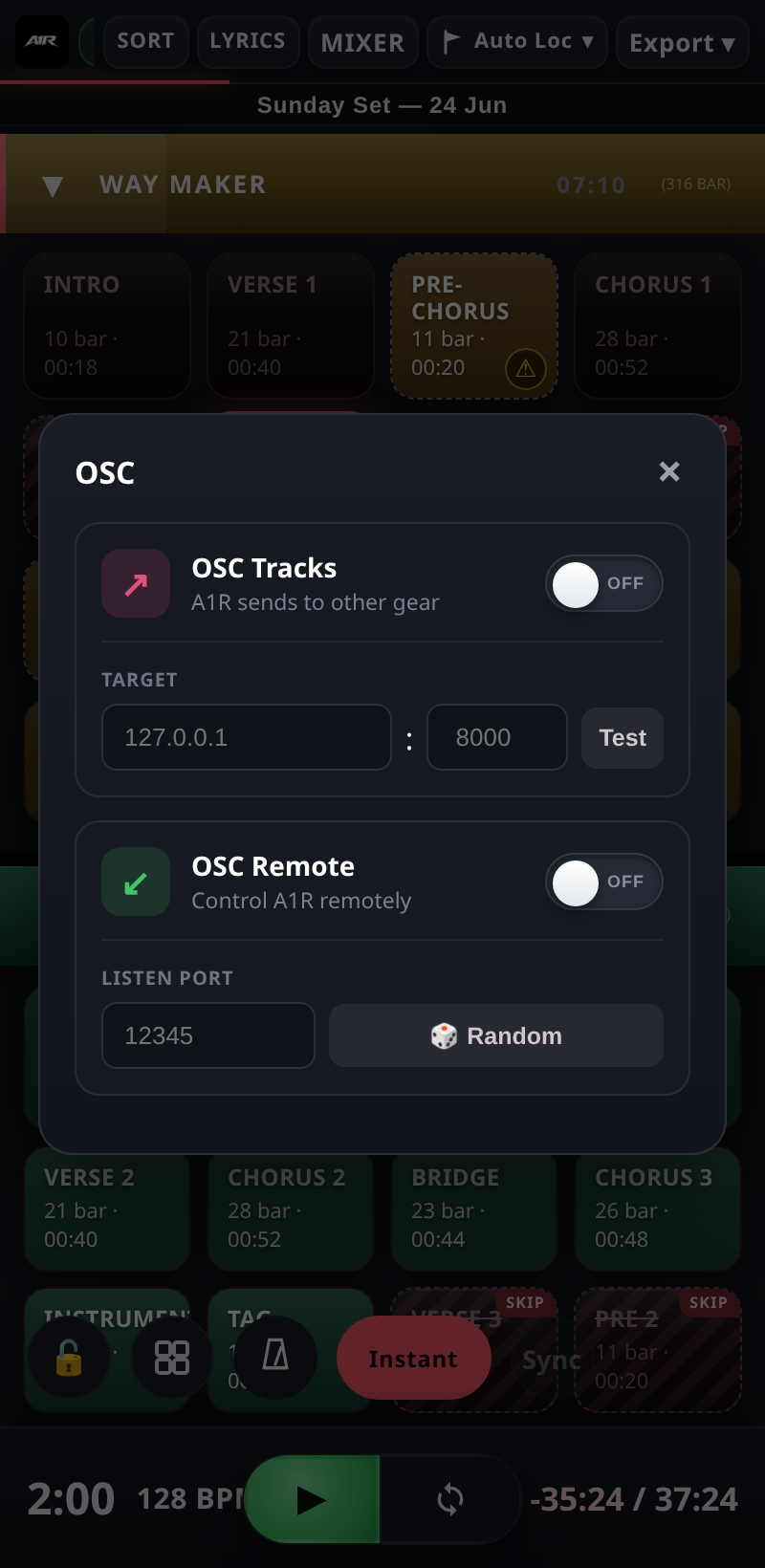 The OSC panel — send to gear (Tracks) and receive remote control. phone