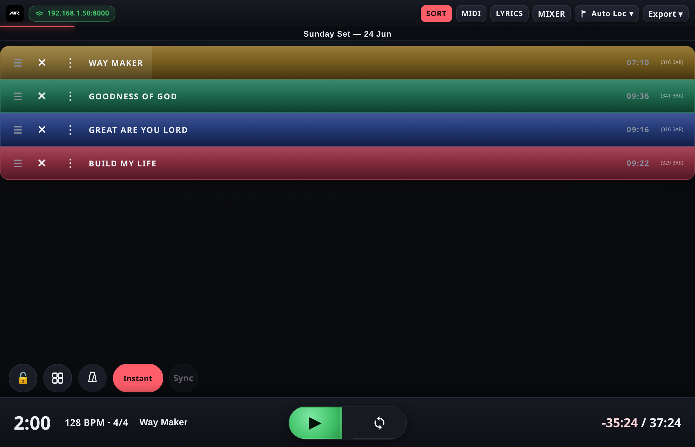 Drag to reorder, hide songs, or open the per-song menu.