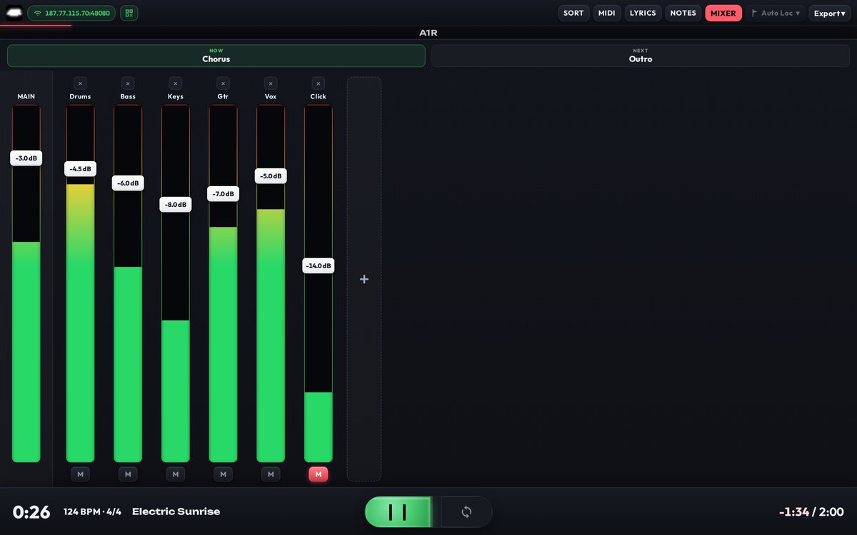 A1R live mixer with faders and VU meters