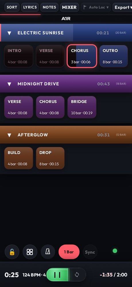 A1R setlist on a phone